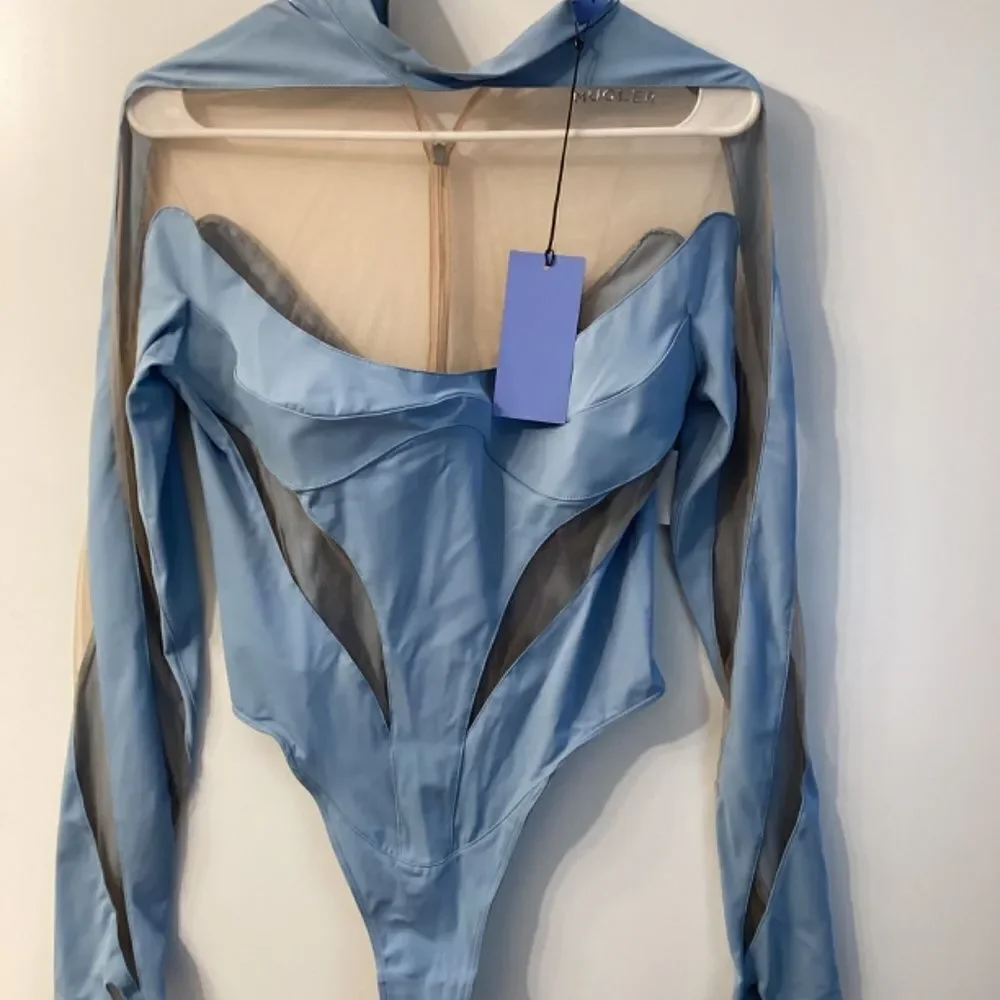 Mugler Illusion Cutout Bodysuit –‎ Light Blue Mesh, Size 8 | NWT